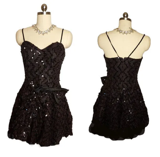 *  VINTAGE BLACK AFTER FIVE BY JULIE DUROCHE SPARKLING SEQUIN BALLOON PARTY DRESS