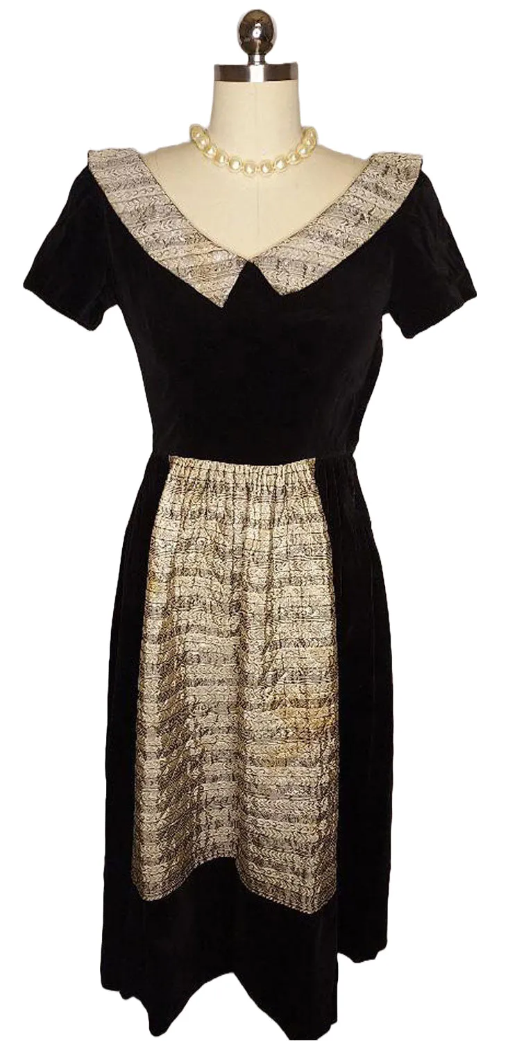 *  VINTAGE LANZ BLACK VELVETY DRESS WITH METALLIC GOLD AND SILVER BROCADE APRON ON THE FRONT