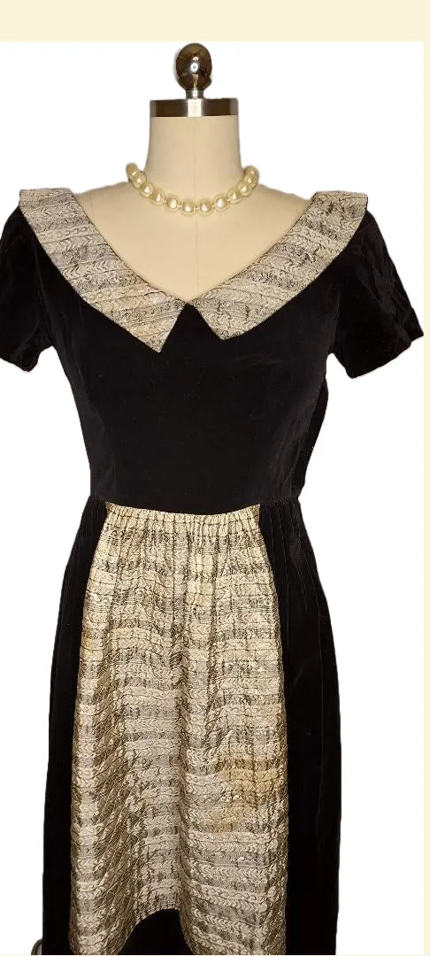 *  VINTAGE LANZ BLACK VELVETY DRESS WITH METALLIC GOLD AND SILVER BROCADE APRON ON THE FRONT