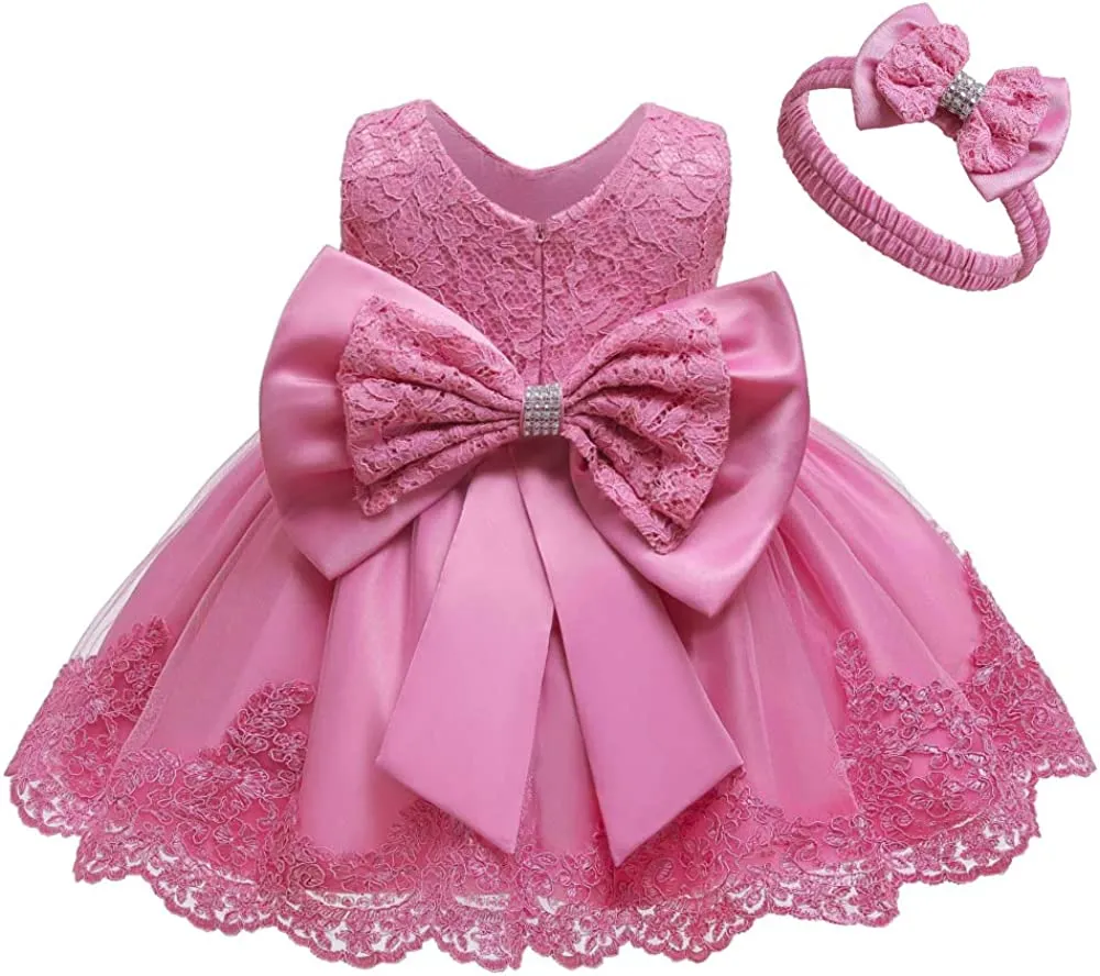 0-2T Big Bowknot Toddler Baby Girls Photo Shoot Pageant Party Lace Dress with Headwear