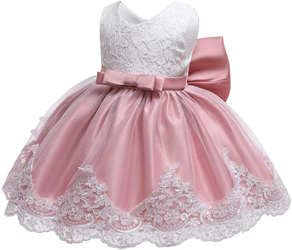 0-2T Big Bowknot Toddler Baby Girls Photo Shoot Pageant Party Lace Dress with Headwear