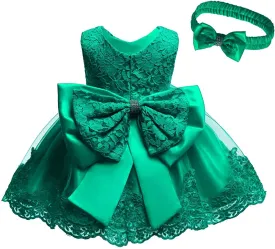 0-2T Big Bowknot Toddler Baby Girls Photo Shoot Pageant Party Lace Dress with Headwear