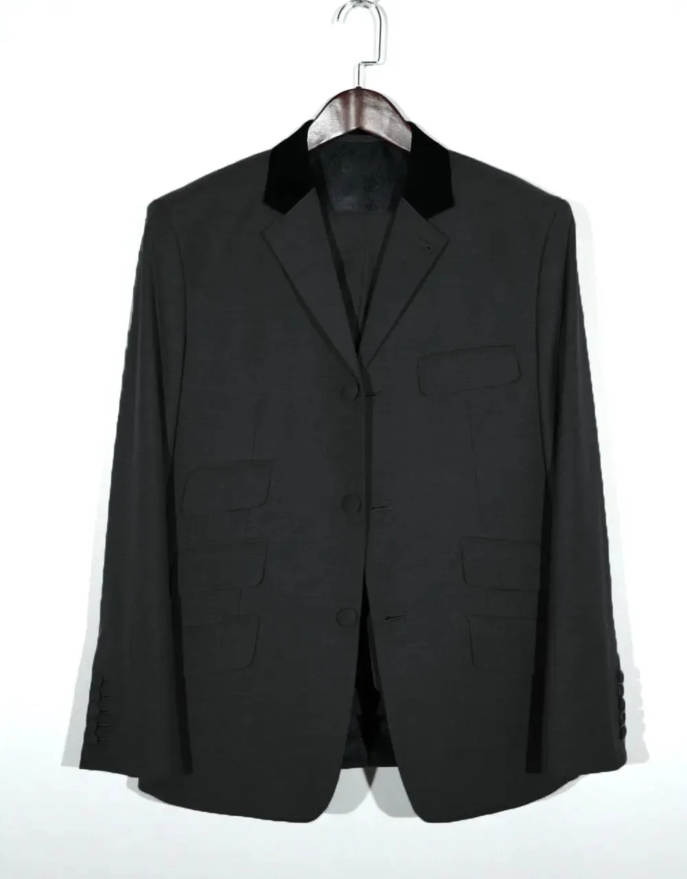 3 Piece Suit - Vintage Style Charcoal Grey Black Velvet Suit