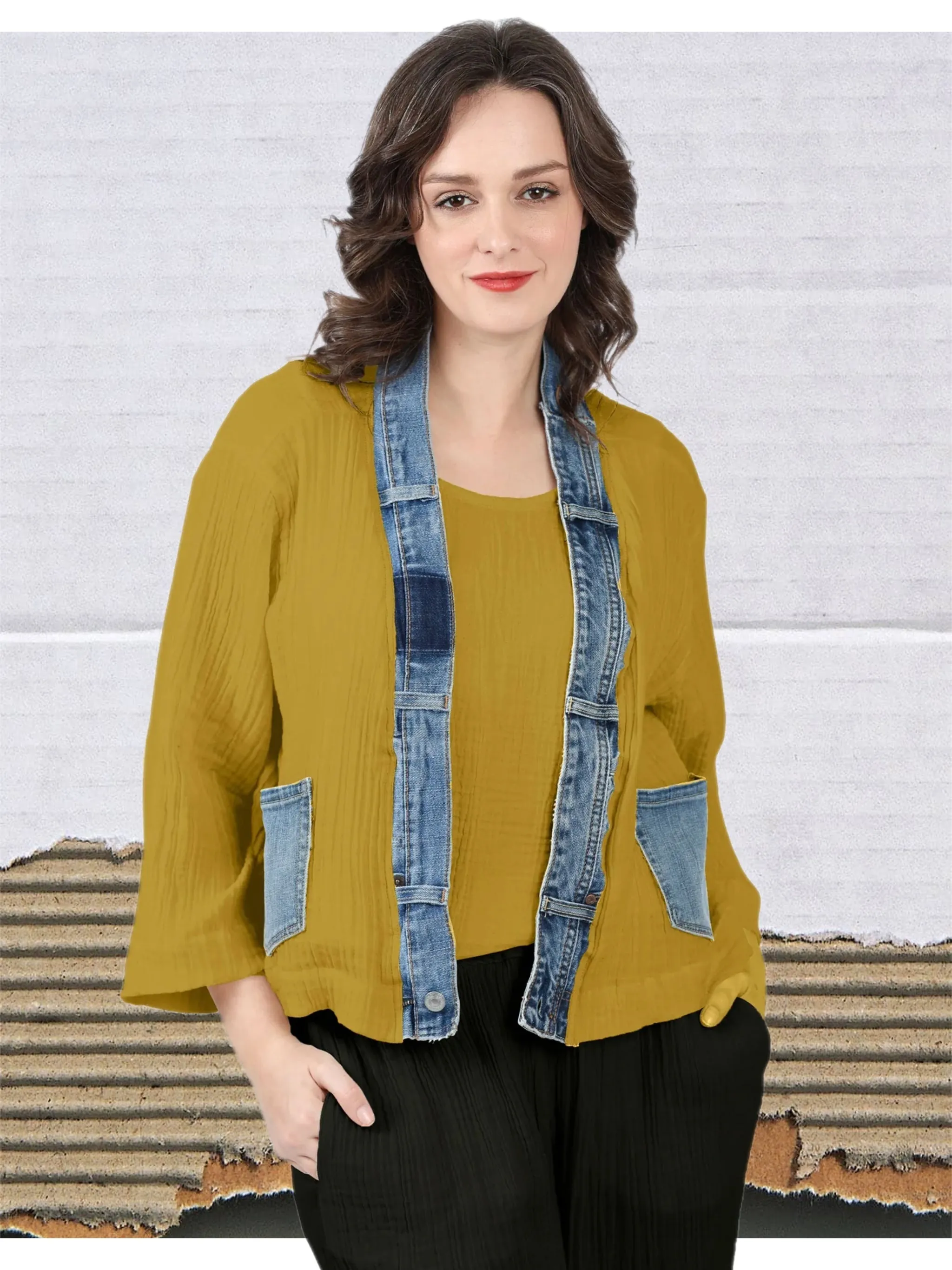 5223 Melaney Denim Mix Cardigan-Ochre