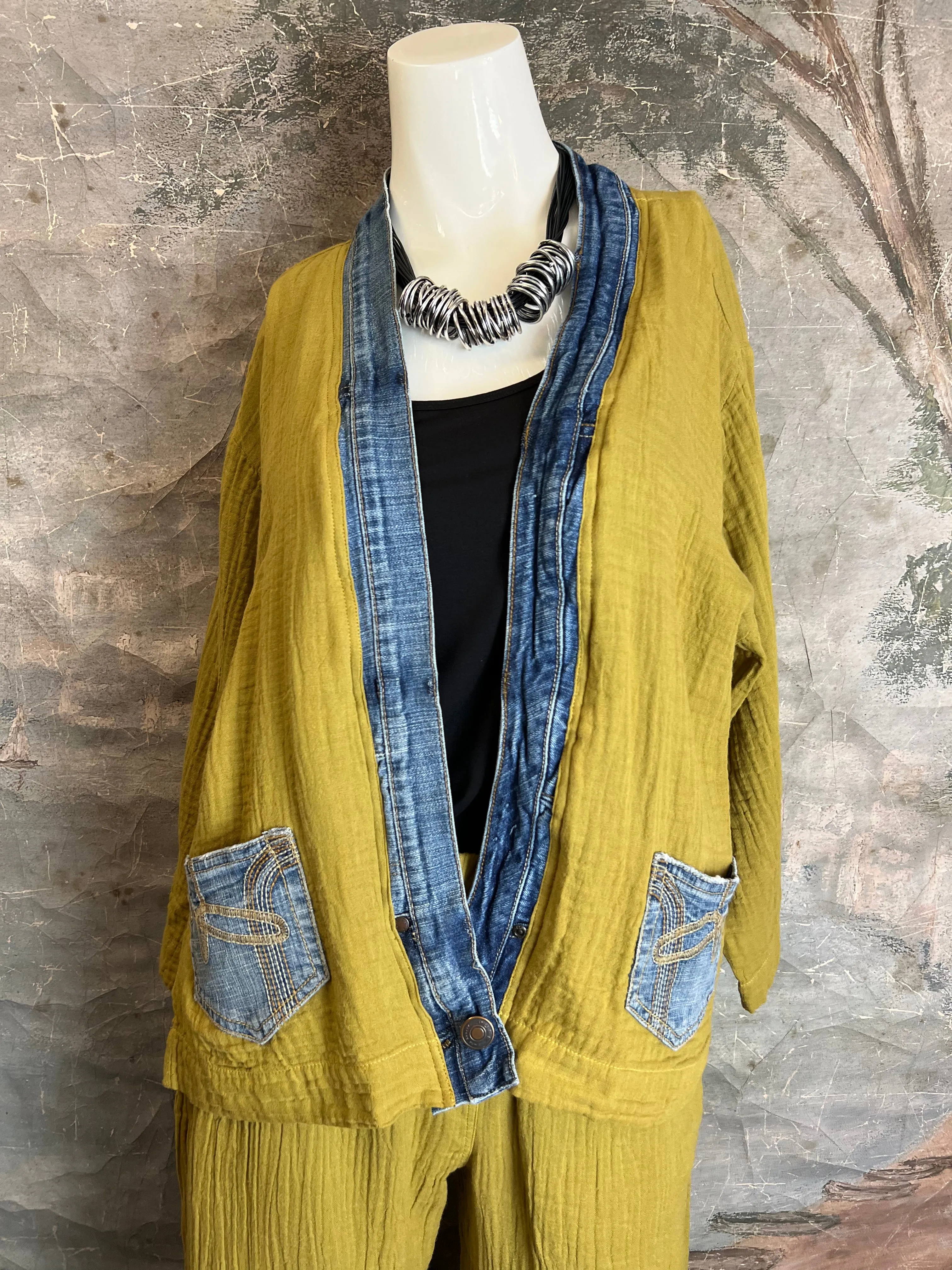 5223 Melaney Denim Mix Cardigan-Ochre