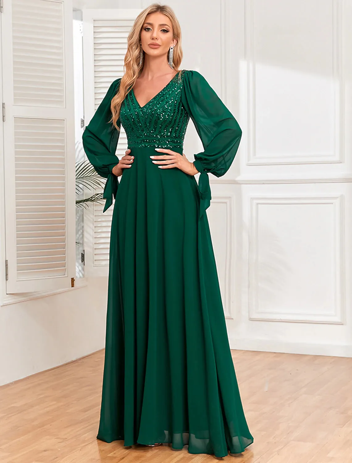 A-Line Evening Gown Empire Dress Evening Party Floor Length Long Sleeve V Neck Fall Wedding Guest Chiffon V Back with Sequin