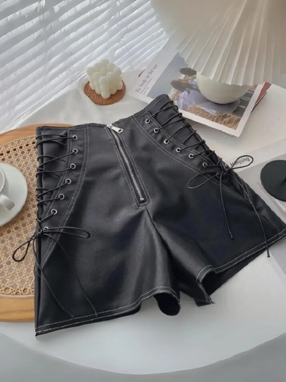 A Little Sassy Vegan Leather Lace-Up Shorts