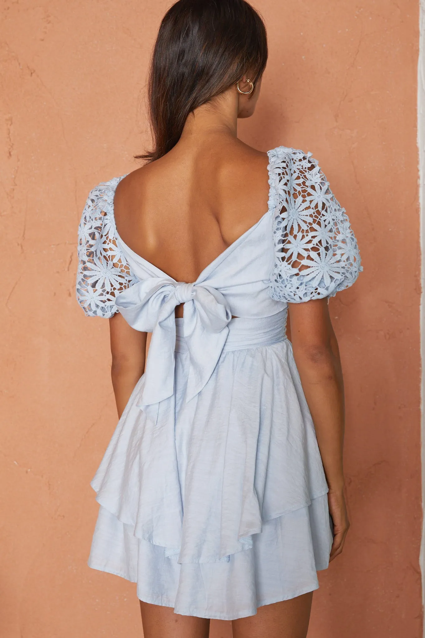 Abby Lace Puff Sleeve Tie-Up Back Dress Steel Blue