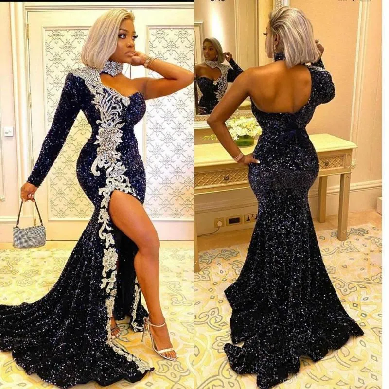 abendkleider sparkly evening dresses long sleeve navy blue lace applique mermaid African evening gown