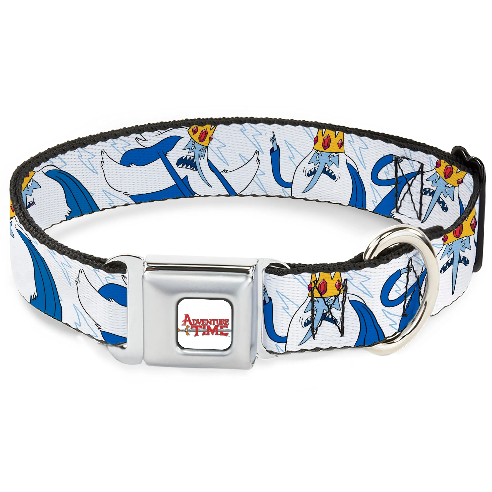 ADVENTURE TIME Title Logo Full Color White Seatbelt Buckle Collar - Adventure Time Ice King Poses and Bolts White/Blue