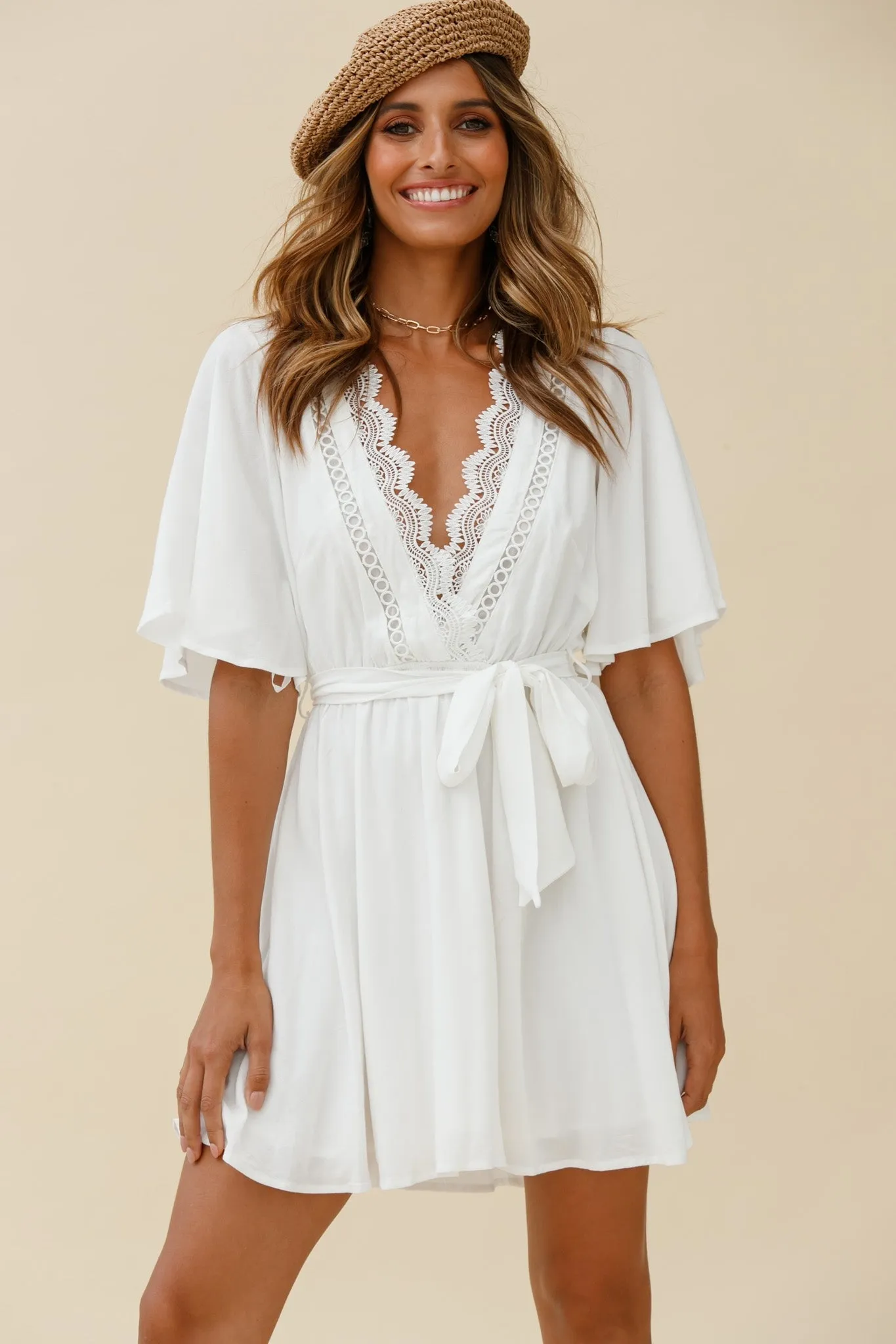 Angela Lace-Trimmed Bust Angel Sleeve Dress White