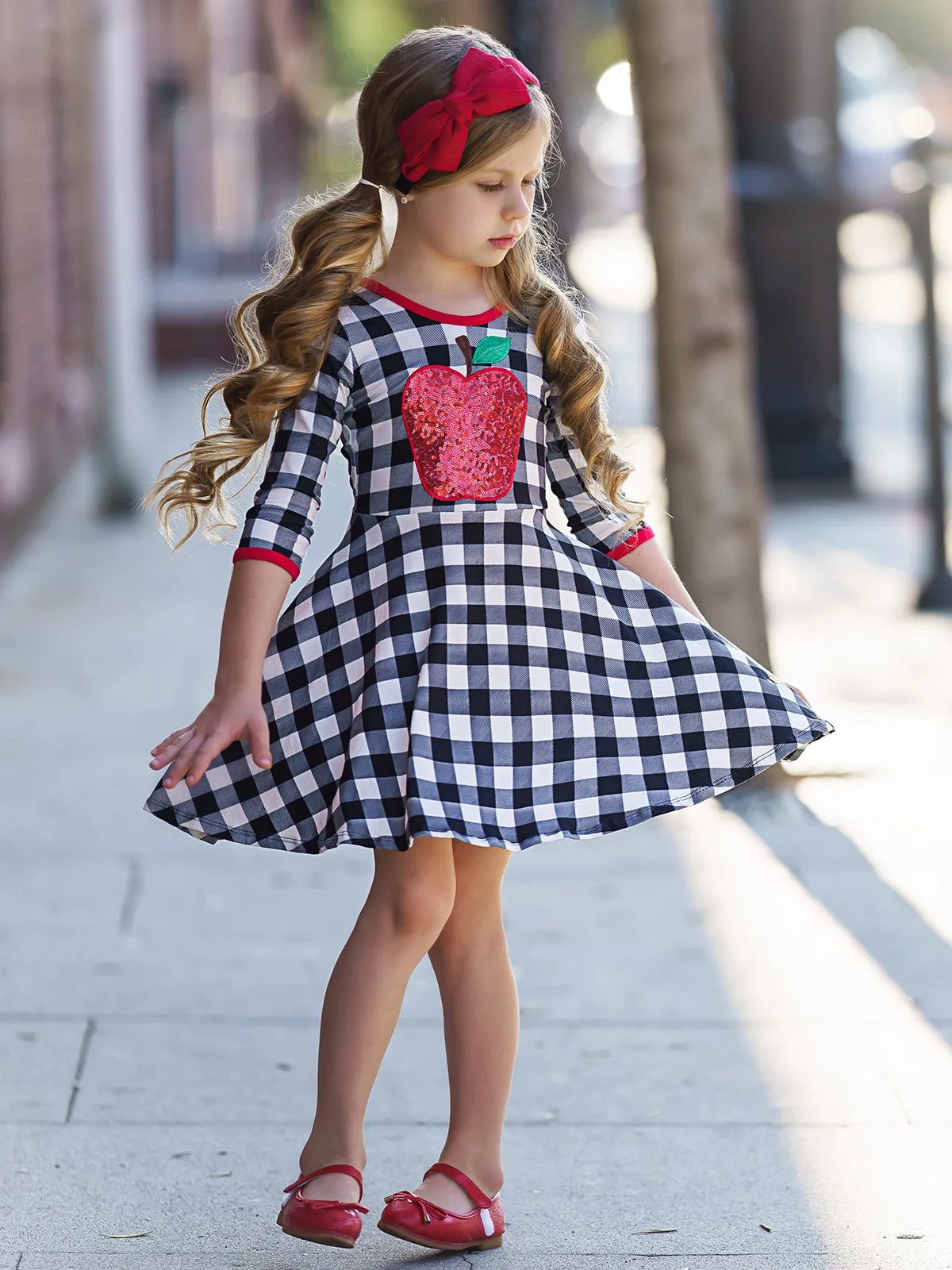 Apple Shine Sequin Scoop Back Plaid Dress