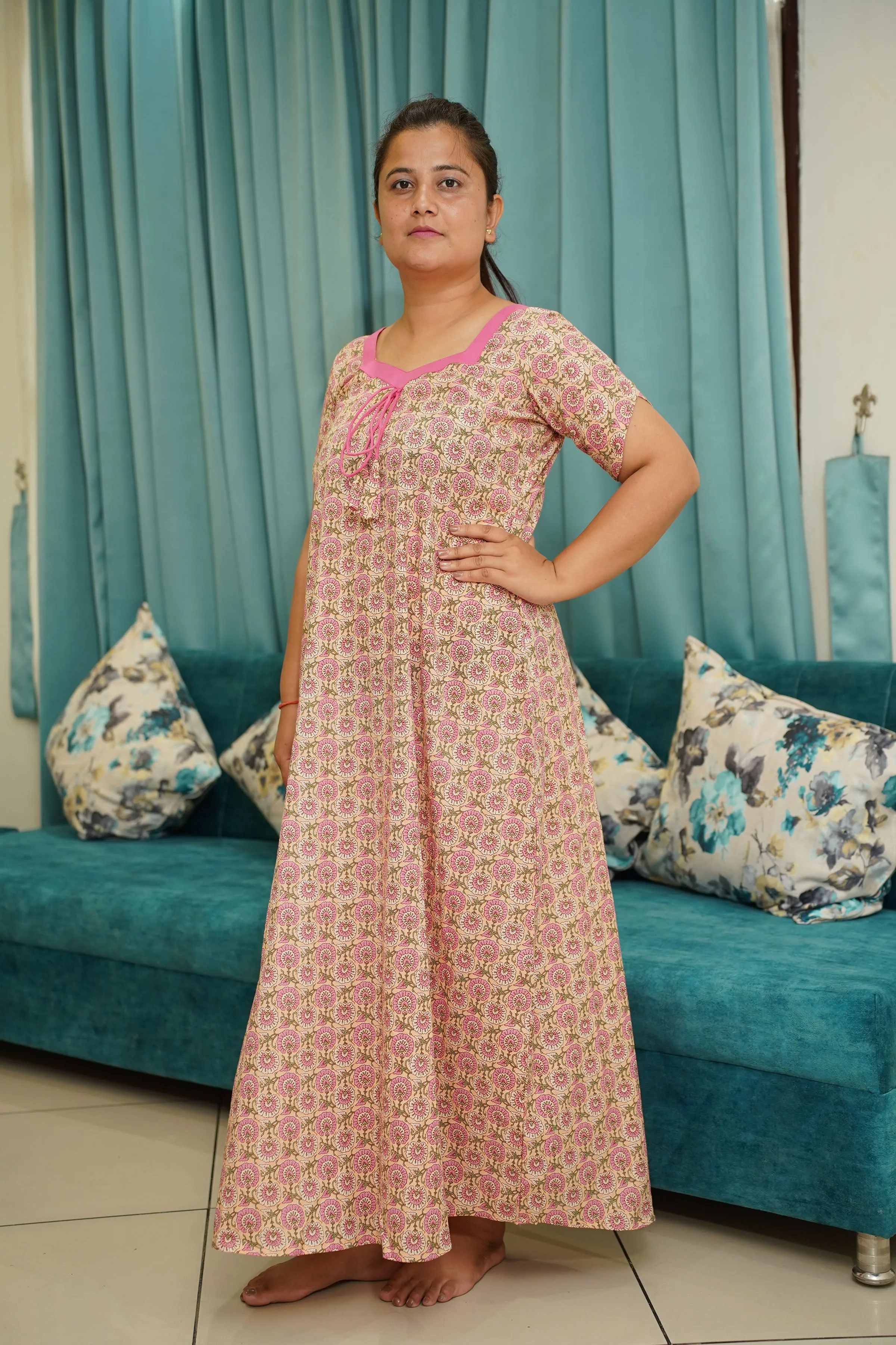 Apricot Floral Cotton Night Gown