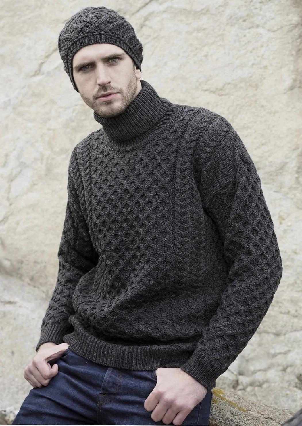 Aran Merino Polo Neck Sweater | Charcoal