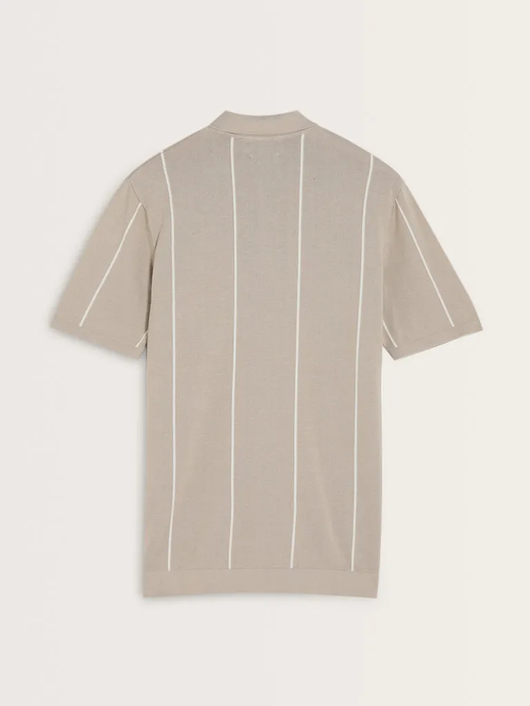 Ascot Beige Stripe Printed Relaxed-Fit Cotton Polo T-Shirt