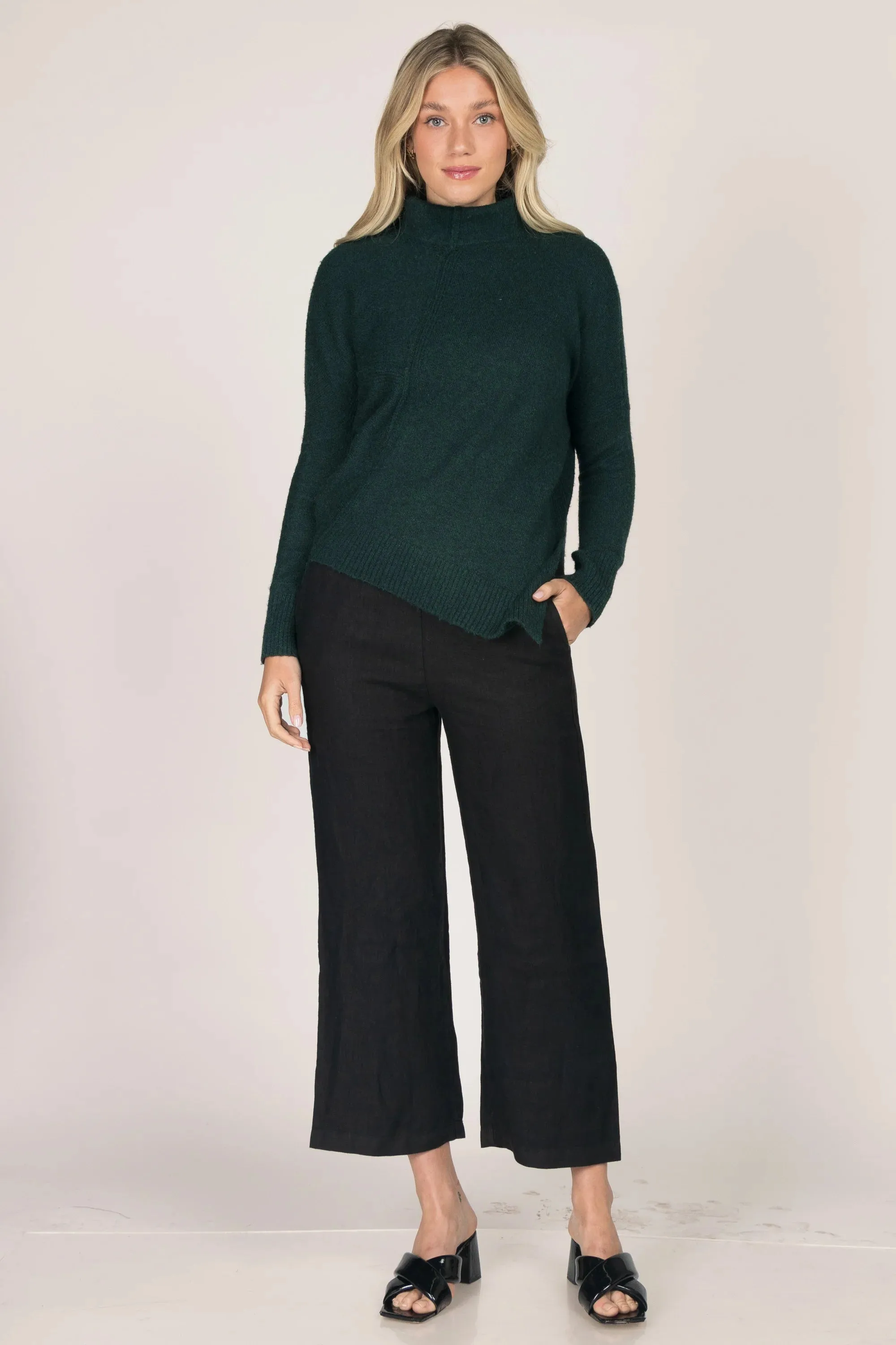 Balsam Green Asymmetrical Symphony Slit Sweater