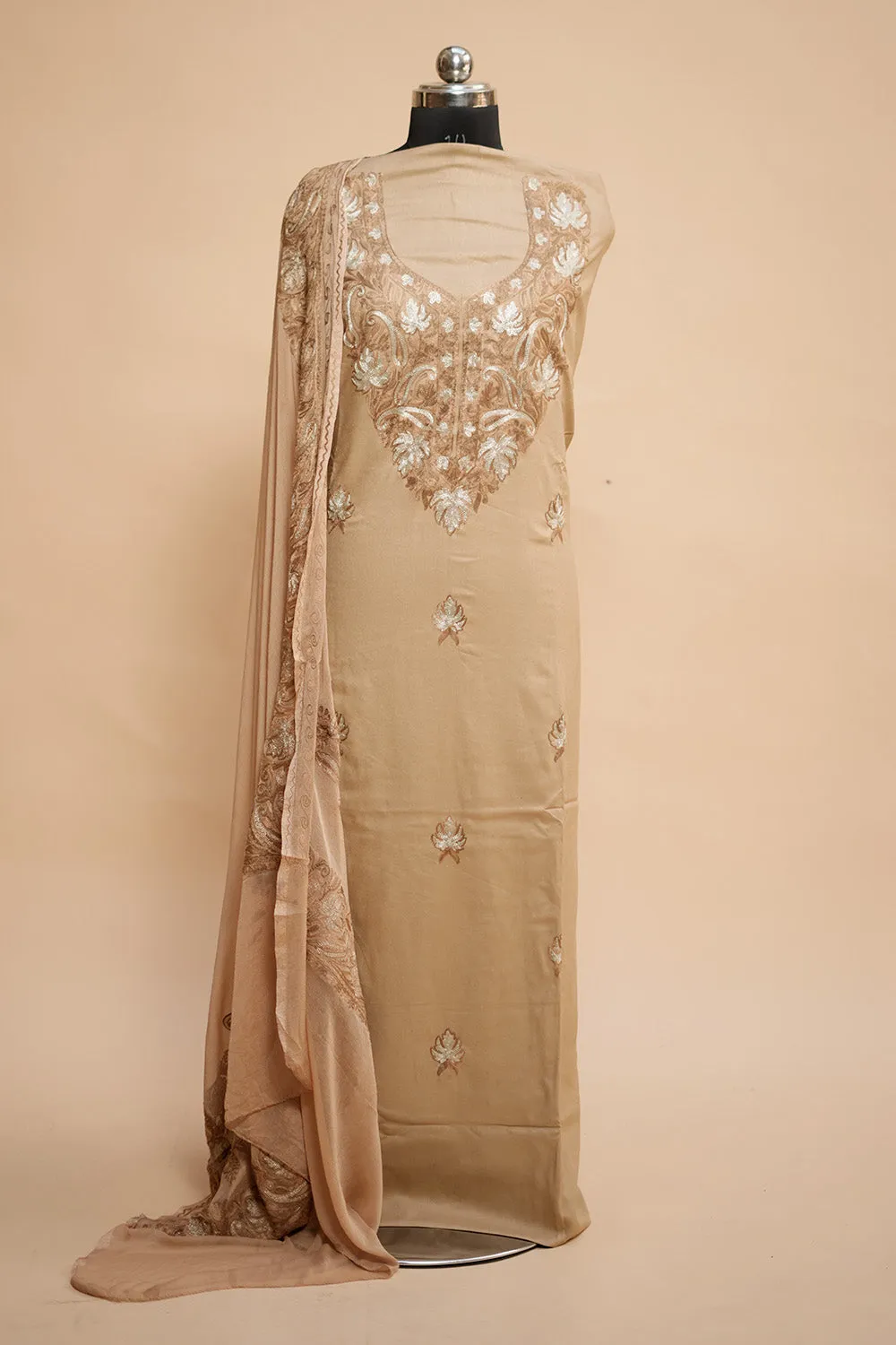 Beige Colour Designer Aari Work Salwar Kameez With Running Neckline  Pattern