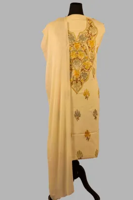 Beige Colour Kashmiri Aari Work Salwar Kameez Exclusive Neckline Pattern With Embroidered Dupatta