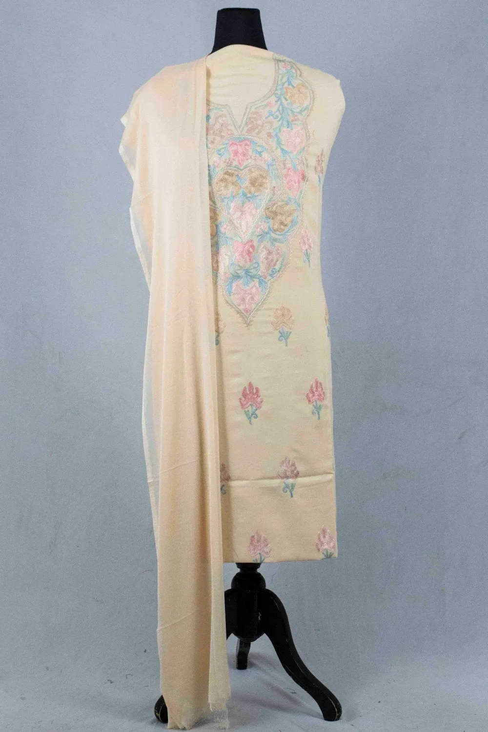 Beige Colour Kashmiri Aari Work Salwar Kameez Exclusive Neckline Pattern With Embroidered Dupatta