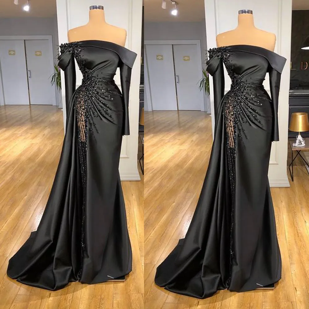 black beaded evening dresses long boat neck long sleeve mermaid elegant modest evening gown 2021