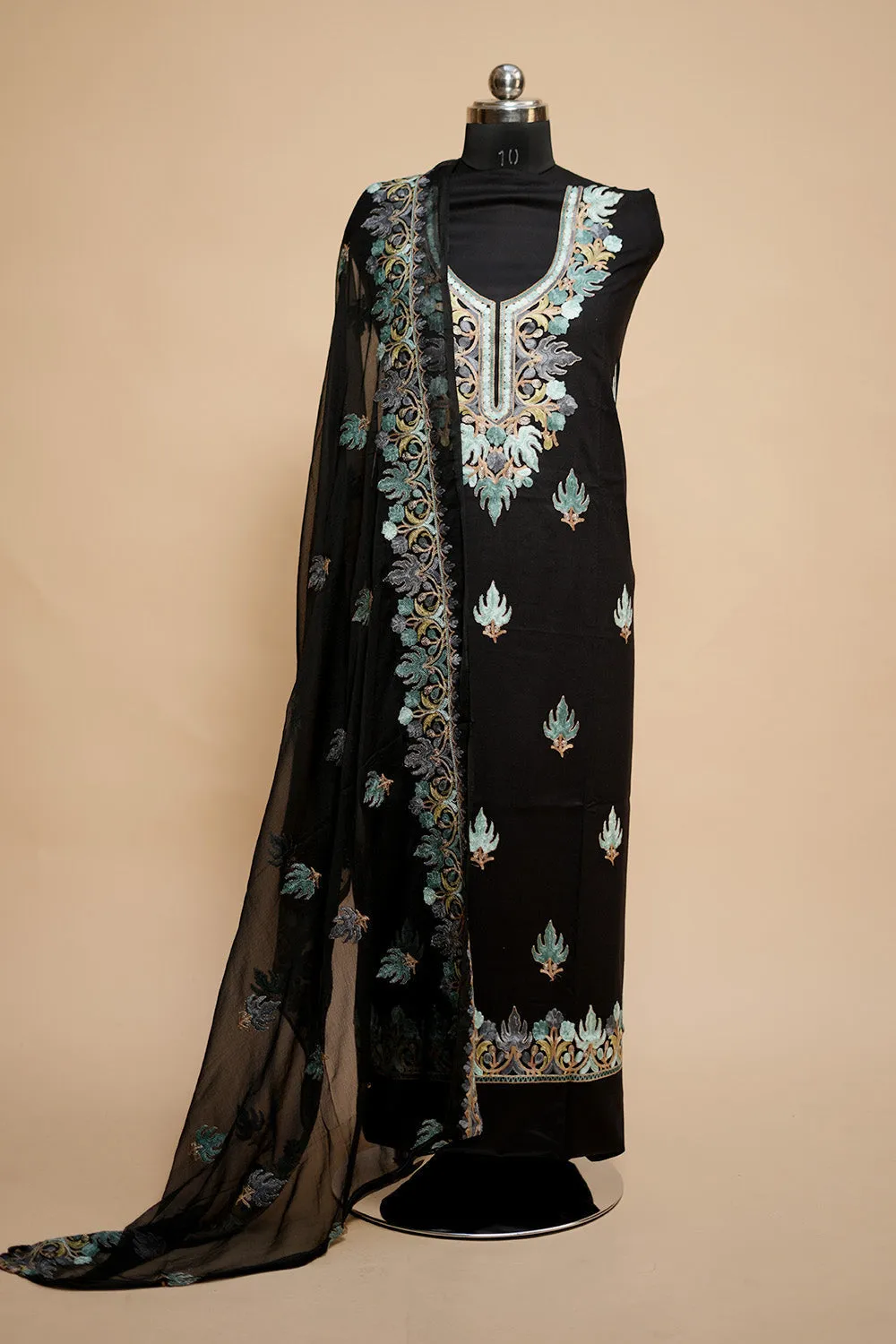 Black Colour Designer Aari Work Salwar Kameez With Running Neckline Chinar Pattern