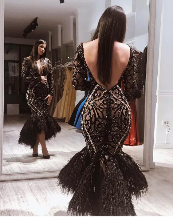 black evening dresses 2020 feather ankle length sparkly sequin applique mermaid modest evening gown 2021 robe de soiree