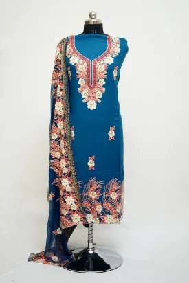 Blue  Aari Work Salwar Kameez With Neckline  Pattern And Designer Dupatta.