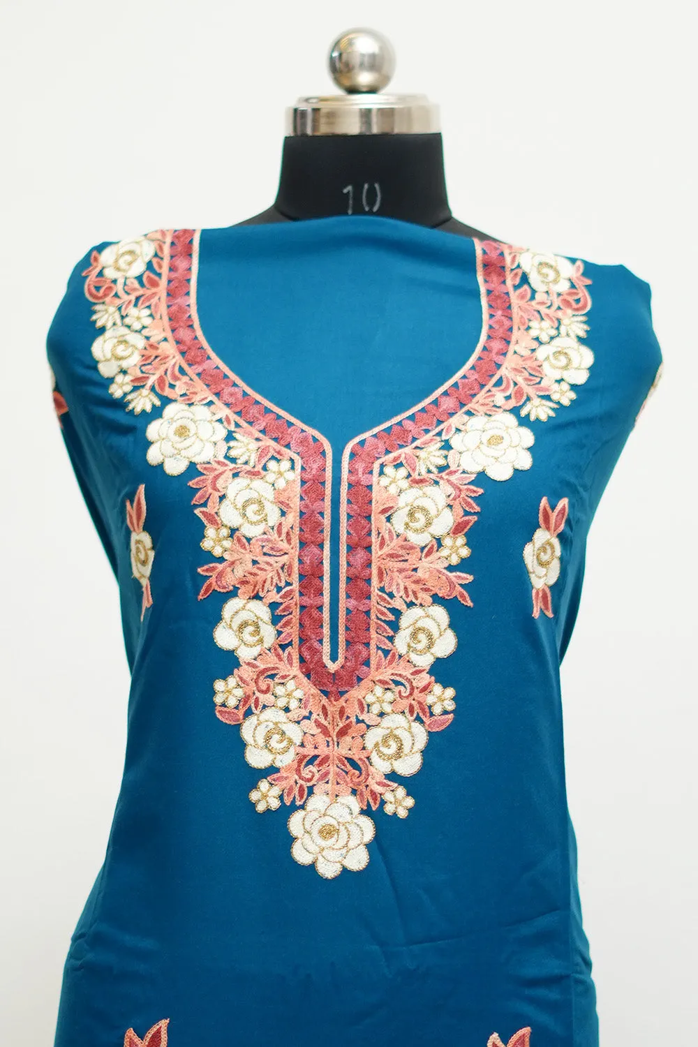 Blue  Aari Work Salwar Kameez With Neckline  Pattern And Designer Dupatta.