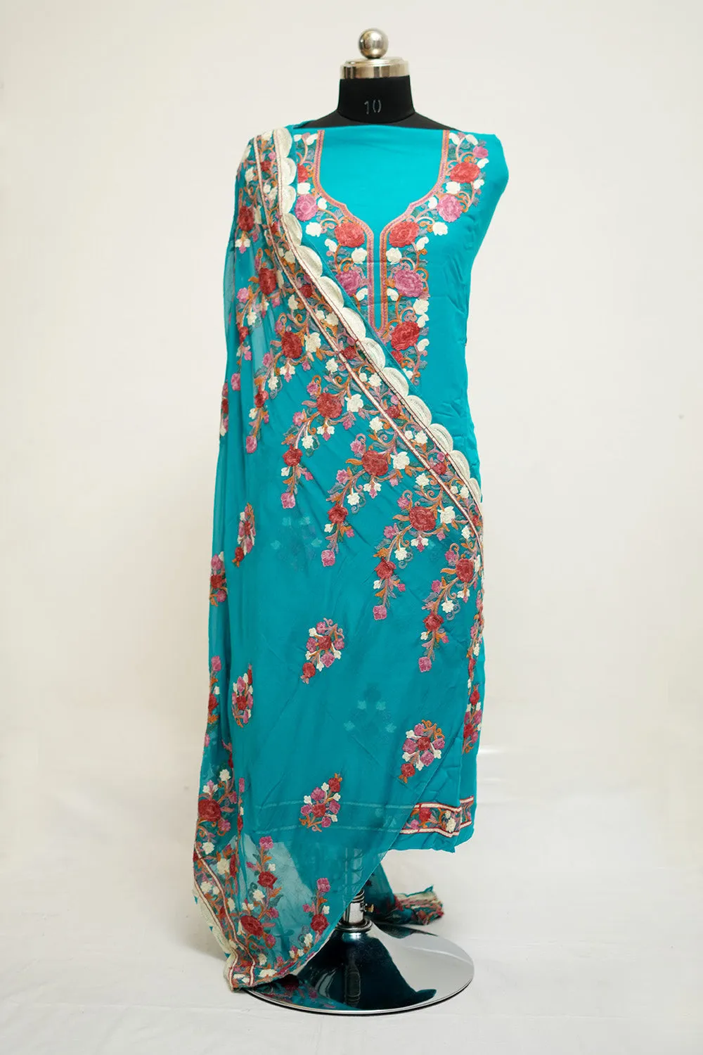 Blue Colour Aari Work Salwar Kameez With Neckline  Pattern And Designer Dupatta.