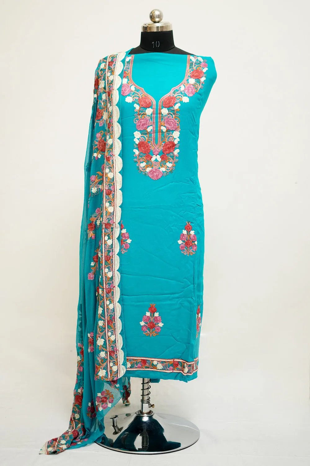 Blue Colour Aari Work Salwar Kameez With Neckline  Pattern And Designer Dupatta.