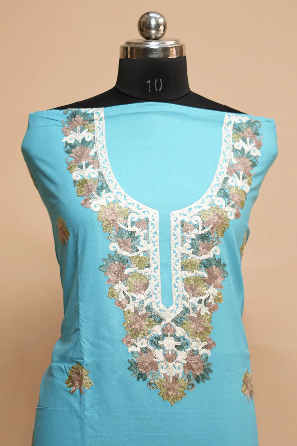 Blue Colour Designer Aari Work Salwar Kameez With Running Neckline  Pattern