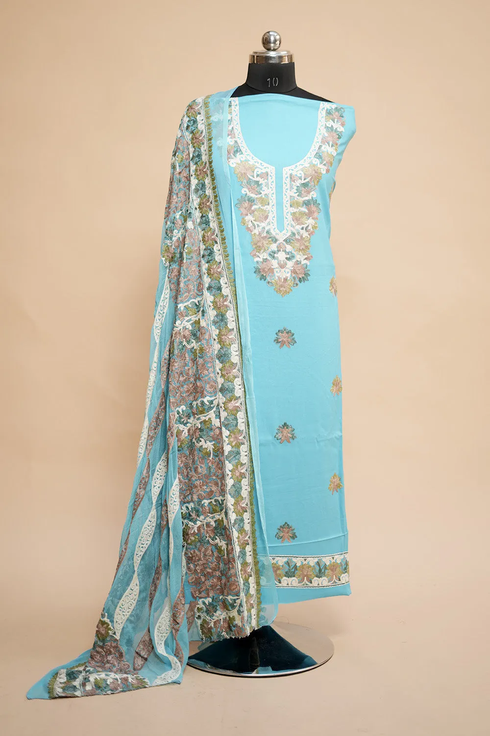 Blue Colour Designer Aari Work Salwar Kameez With Running Neckline  Pattern