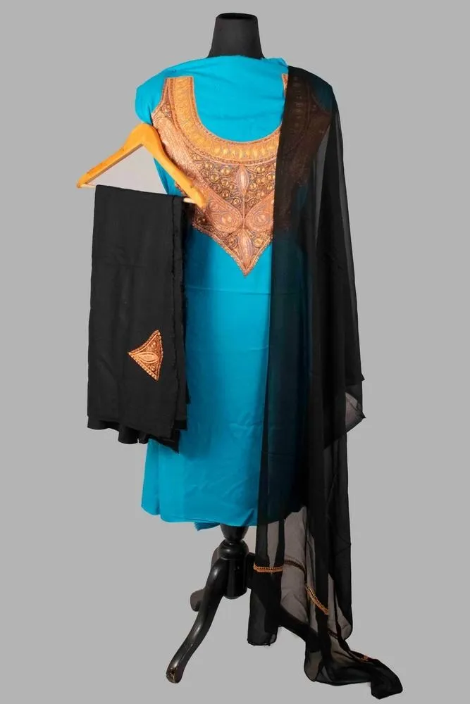 Blue Colour Kashmiri Tilla Aari Work Salwar Kameez Exclusive Neckline Pattern With Contrast Embroidered Dupatta