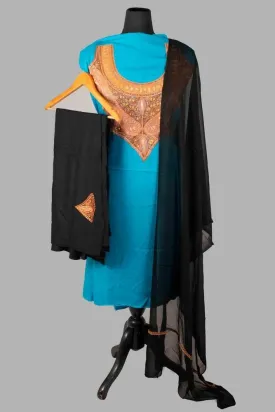 Blue Colour Kashmiri Tilla Aari Work Salwar Kameez Exclusive Neckline Pattern With Contrast Embroidered Dupatta