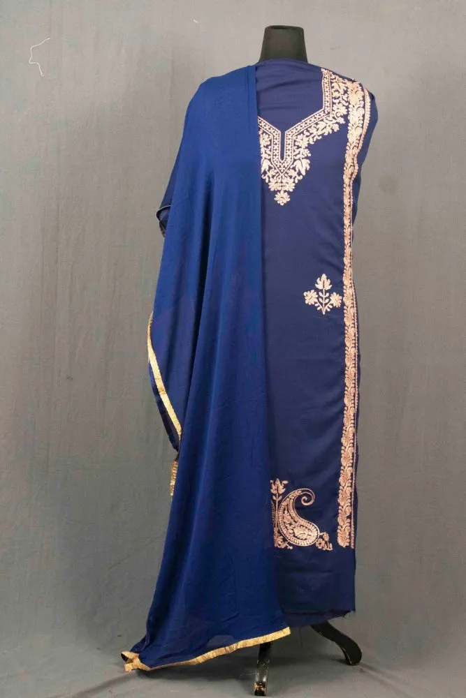 Blue Colour Kashmiri Tilla Aari Work Salwar Kameez Exclusive Neckline Pattern With Embroidered Dupatta