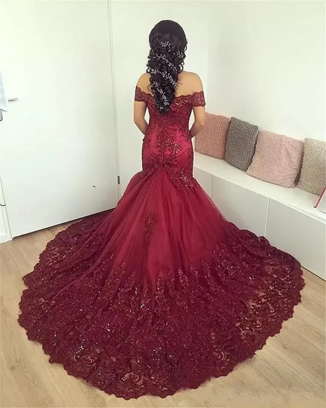 boat neck Burgundy evening dresses long lace appliqué beaded elegant modest mermaid evening gown vestido de festa