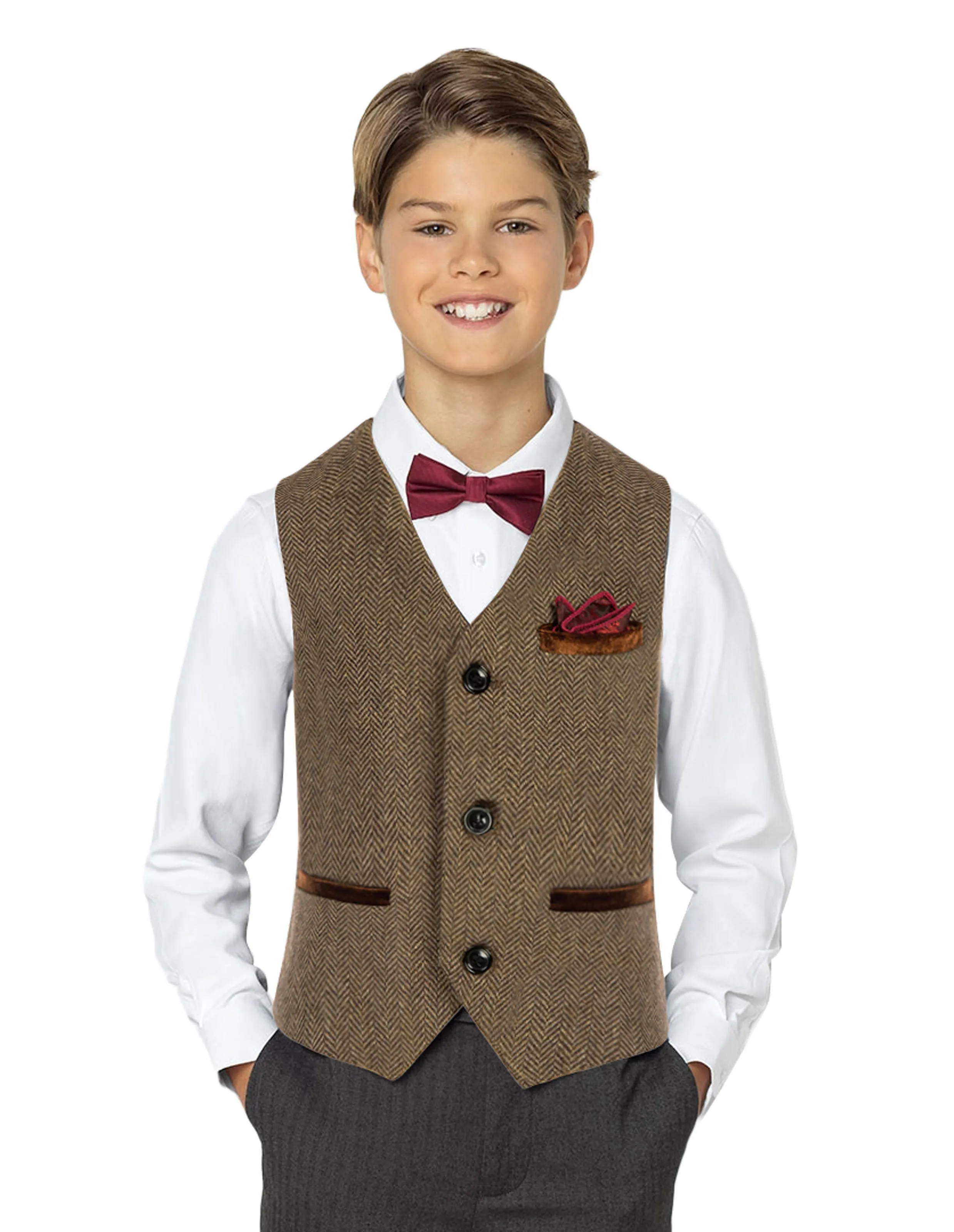 Boys Herringbone Tweed Suit Vest British Dress Waistcoat Wool Blend