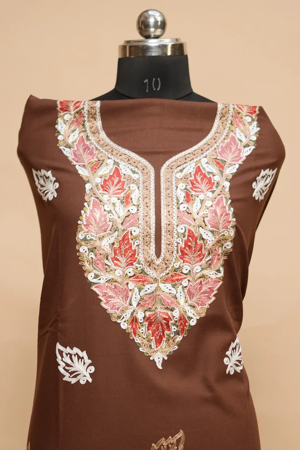 Brown Colour Designer Aari Work Salwar Kameez With Bottom Paisleys Design