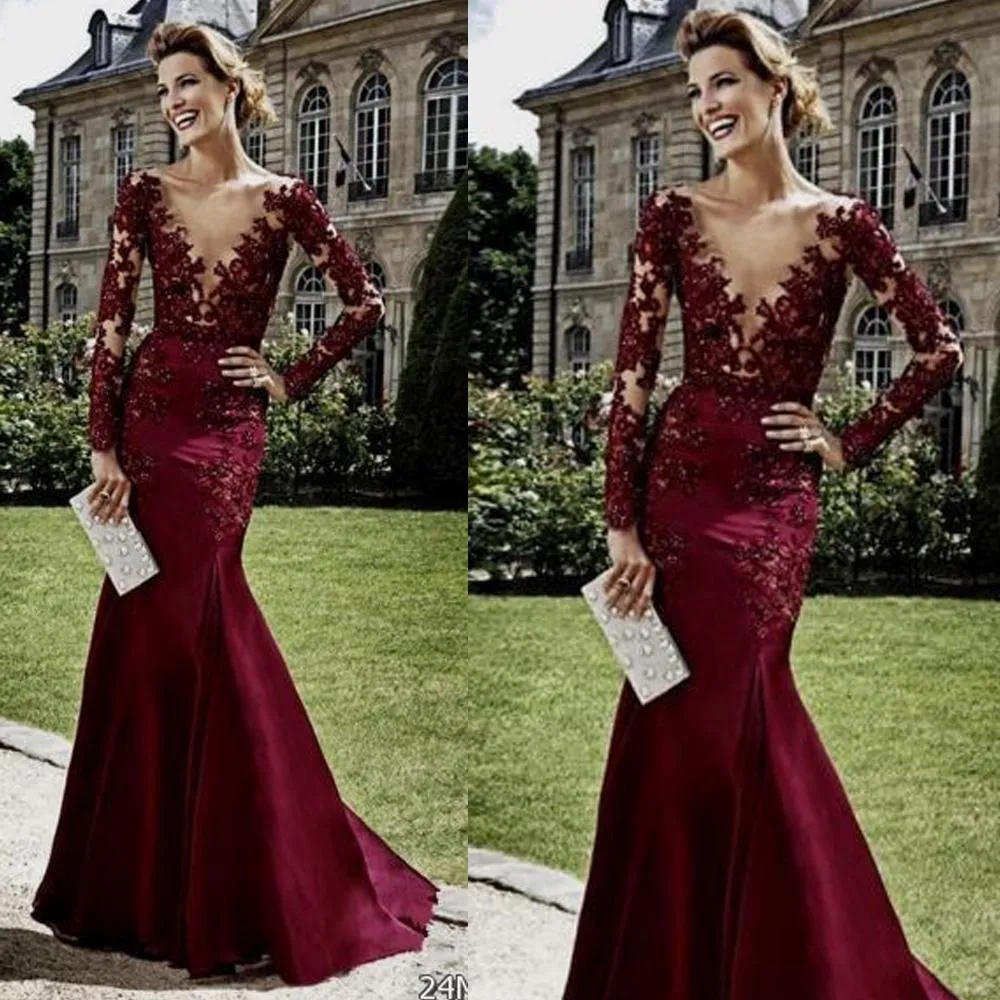 burgundy evening dresses long sleeve v neck lace applique beaded mermaid elegant evening gown