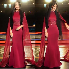 burgundy muslim evening dresses 2020 beaded crystal Dubai caftan elegant arabic evening gown 2021