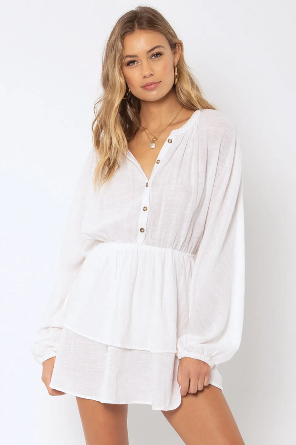 Candela White LS Button Front Mini Dress