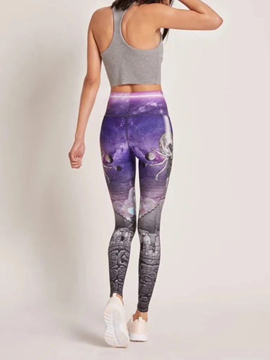 Castle Cartoon Printed High Waist Skinny Yoga Pants