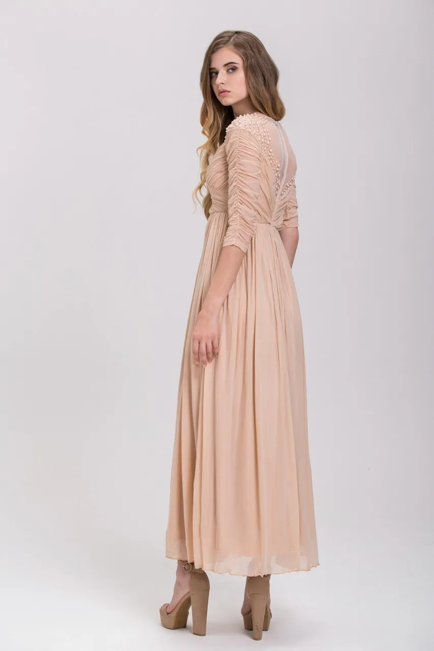 Champagne Pearl Evening Maxi Dress