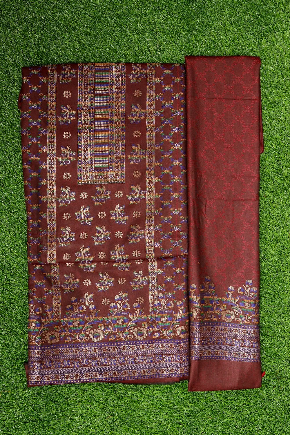 Charismatic Burgundy Colour Cotton Zari Kani Stole Suit With Self Woven Embroidery Known For Its Unique Design.