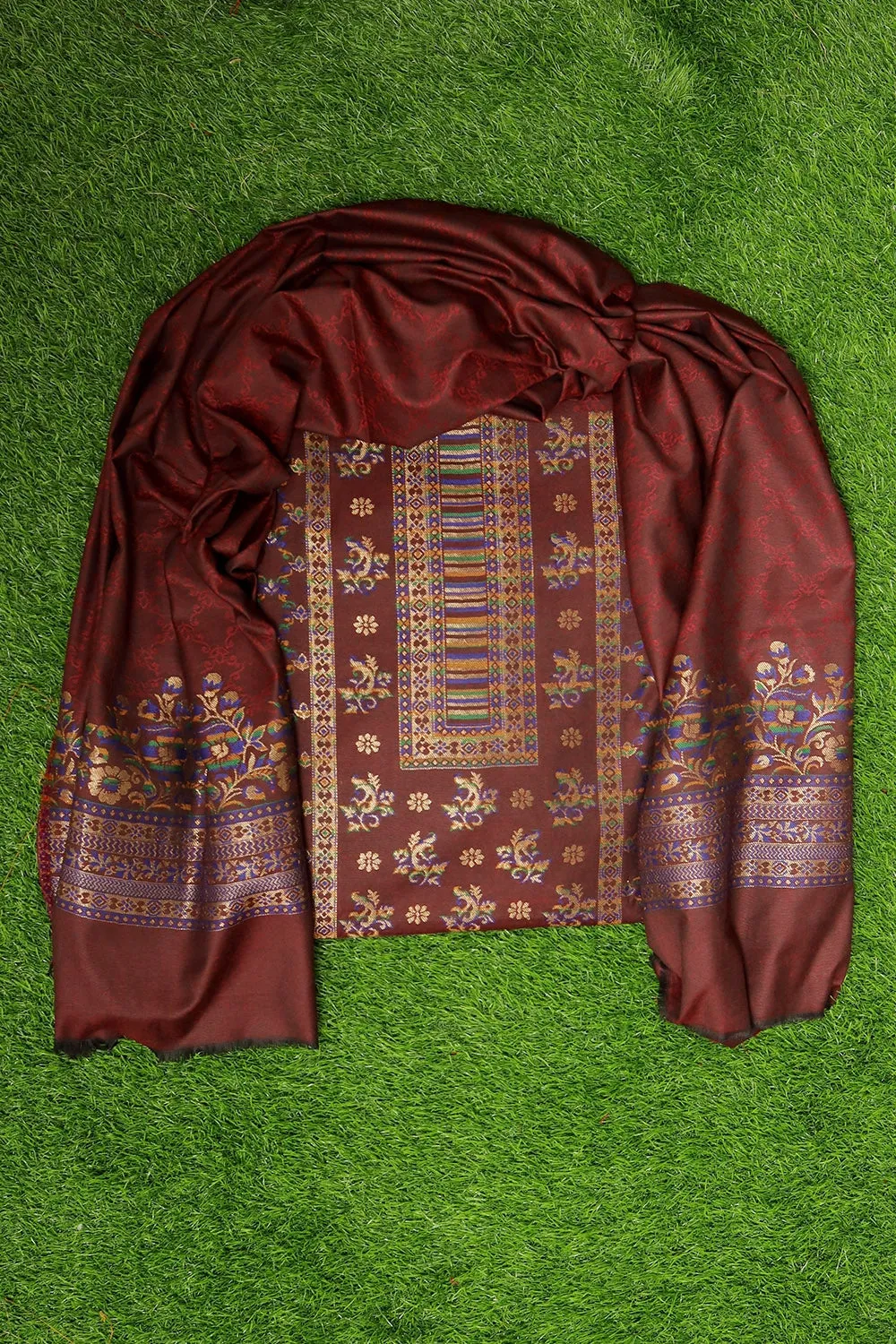 Charismatic Burgundy Colour Cotton Zari Kani Stole Suit With Self Woven Embroidery Known For Its Unique Design.