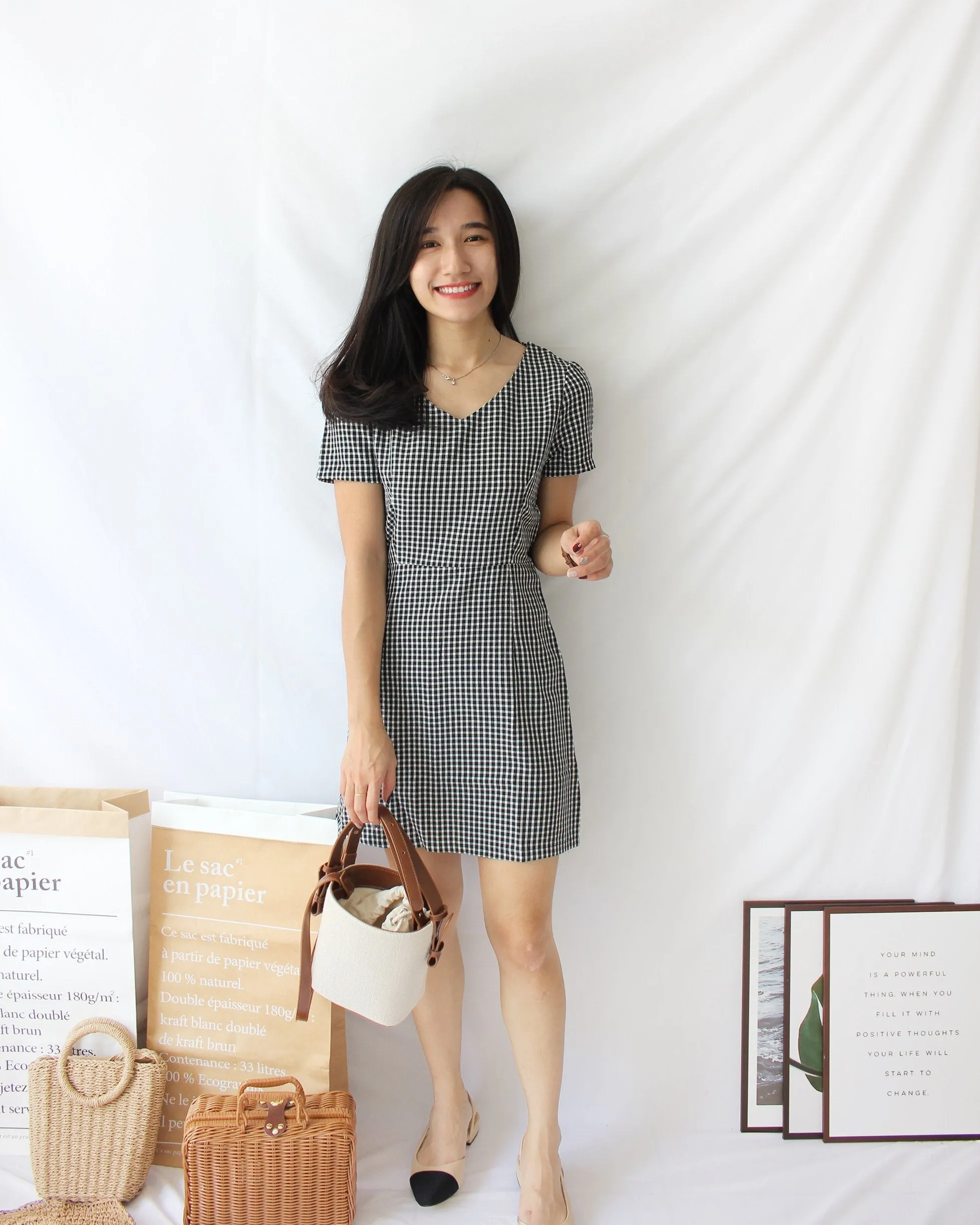 Checkered V Neck Dress