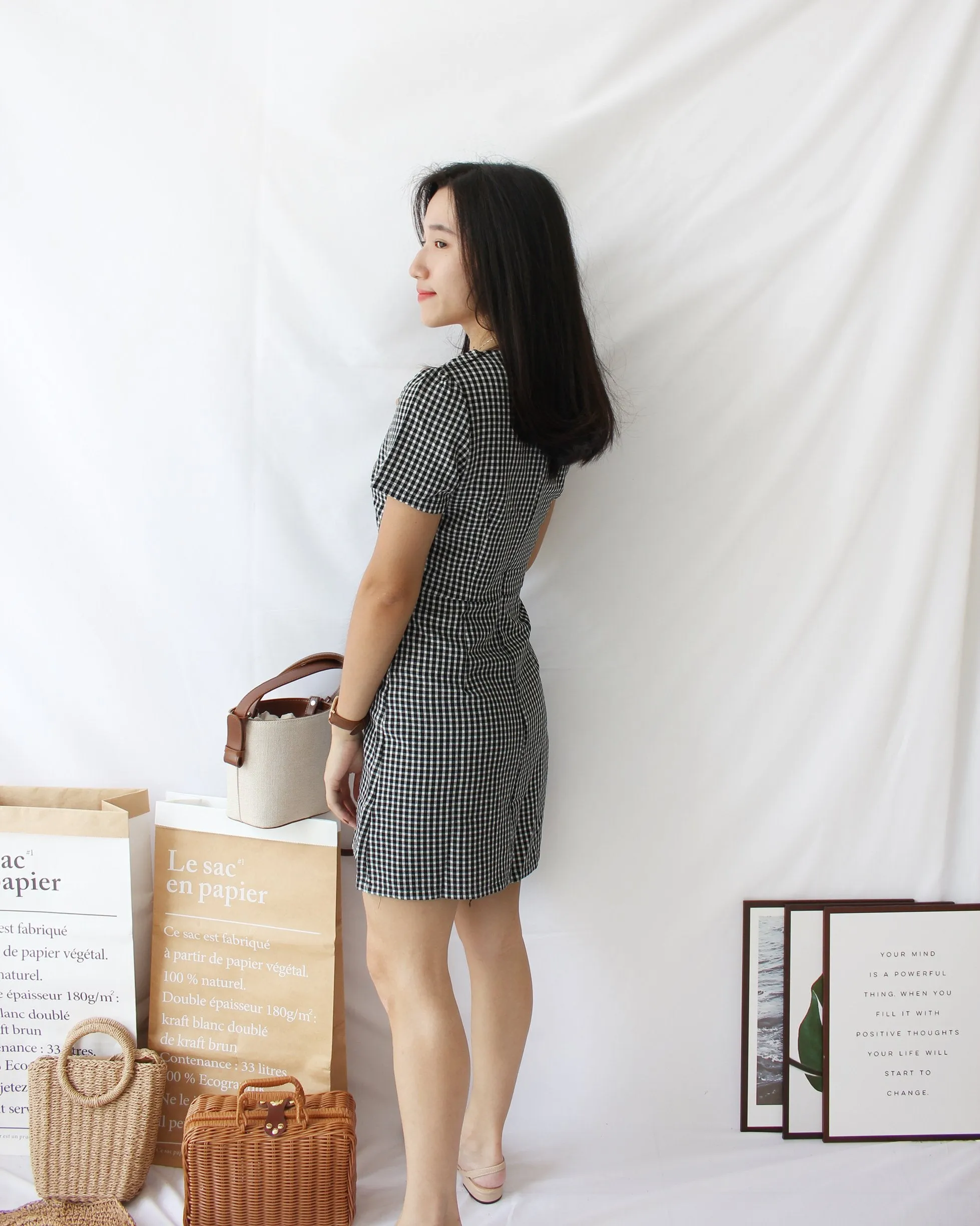 Checkered V Neck Dress