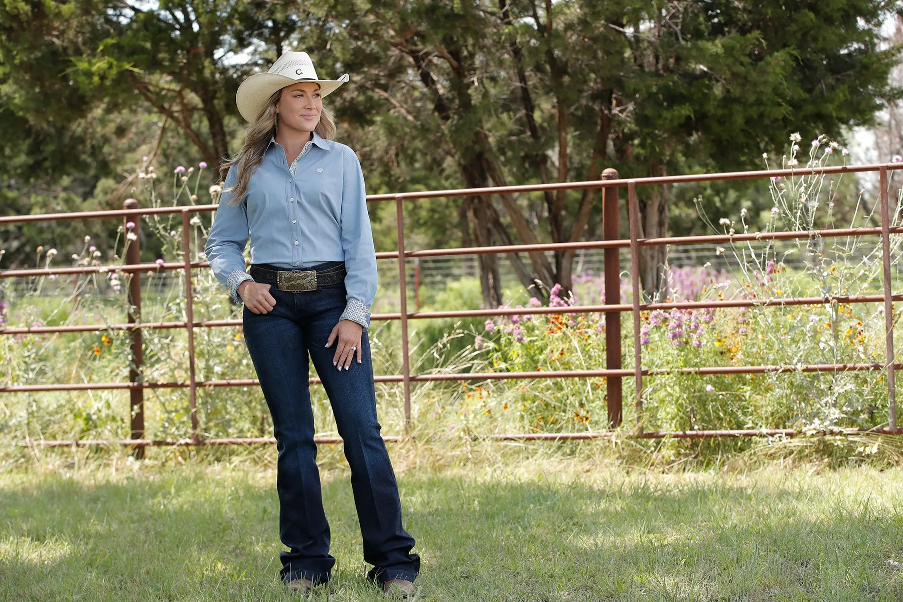 Cinch® Women's Striped Blue Stretch Long Sleeve Button Front Western Shirt