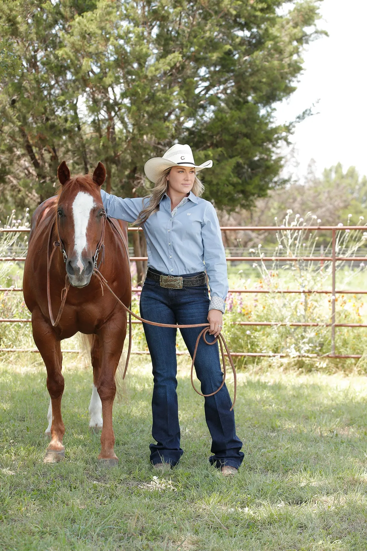 Cinch® Women's Striped Blue Stretch Long Sleeve Button Front Western Shirt