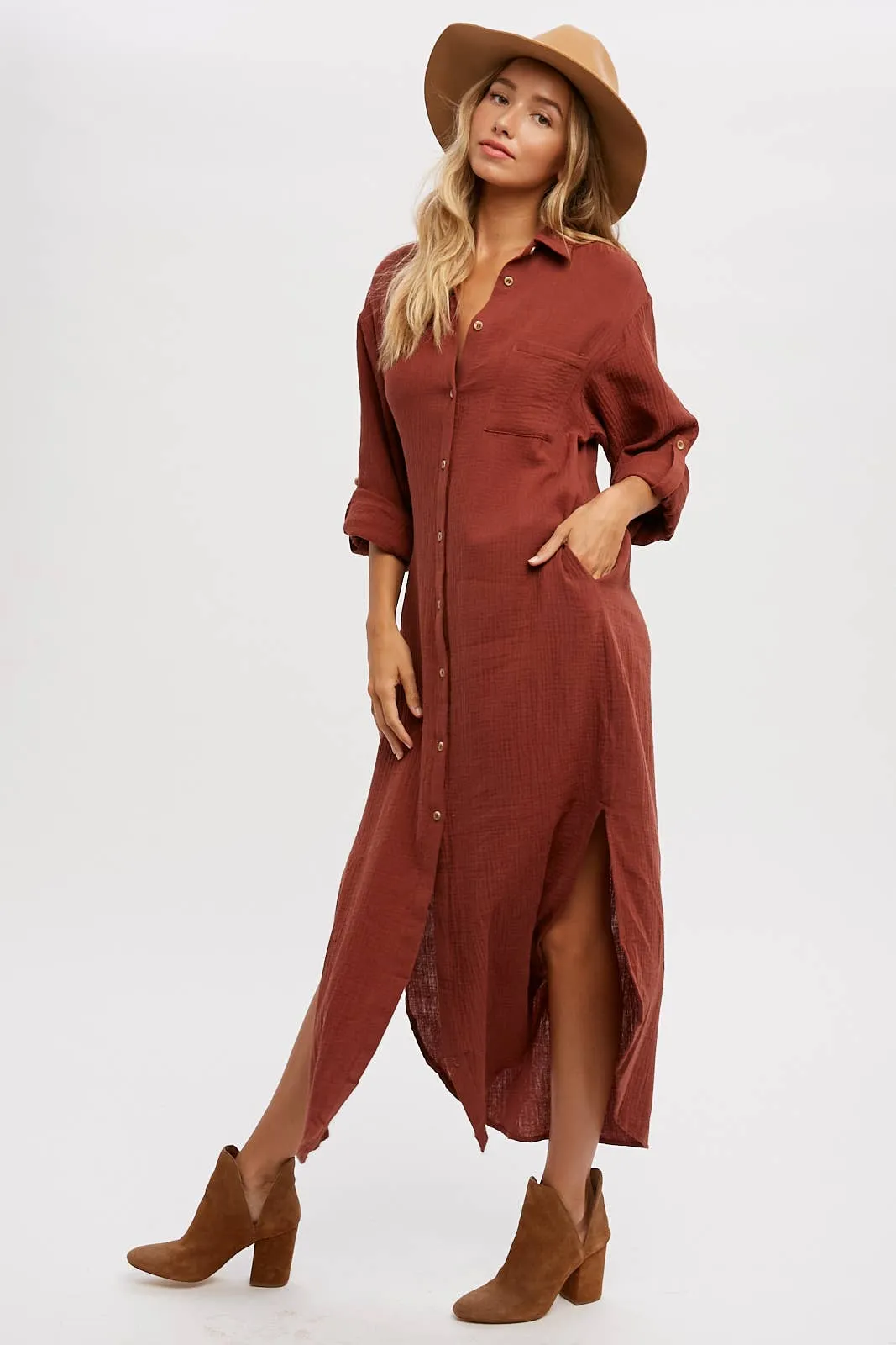 Cotton Gauze Button Up Maxi Dress With Pockets